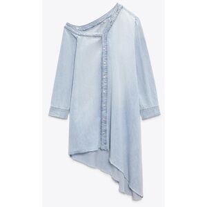 Zara Asymmetrical Light Blue Off-Shoulder Denim Dress Size M~ MWT